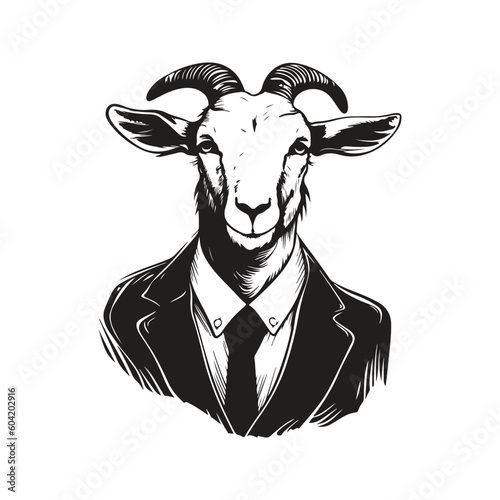 goat wearing suit, vintage logo line art concept black and white color, hand drawn illustration