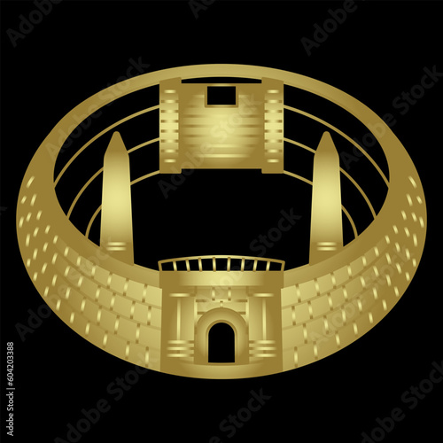 Ancient Roman circus. Golden glossy silhouette on black background.