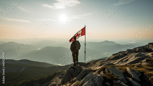 Soldier with a rifle and a Canadian flag in the mountains, Canada Soldier, Generative AI