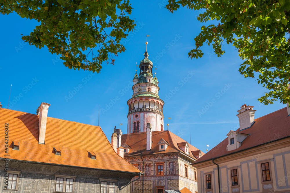 State Castle and Chateau Cesky Krumlov tower amidst blue sky, UNESCO World Heritage Site, Cesky Krumlov, South Bohemian Region State Castle and Chateau Cesky Krumlov tower amidst blue sky, UNESCO World Heritage Site, Cesky Krumlov, South Bohemian Region