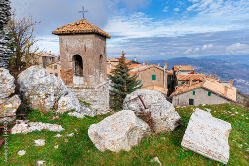 Old Italian mountain village with bell tower in the foreground, Guadagnolo, Capranica Prenestina municipality, Prenestini mountains, Rome district, Latium, Lazio, Italy