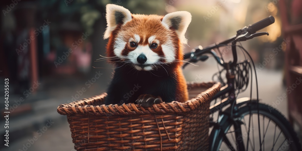 red panda have fun bicycle ride on sunshine day in summer on town ...