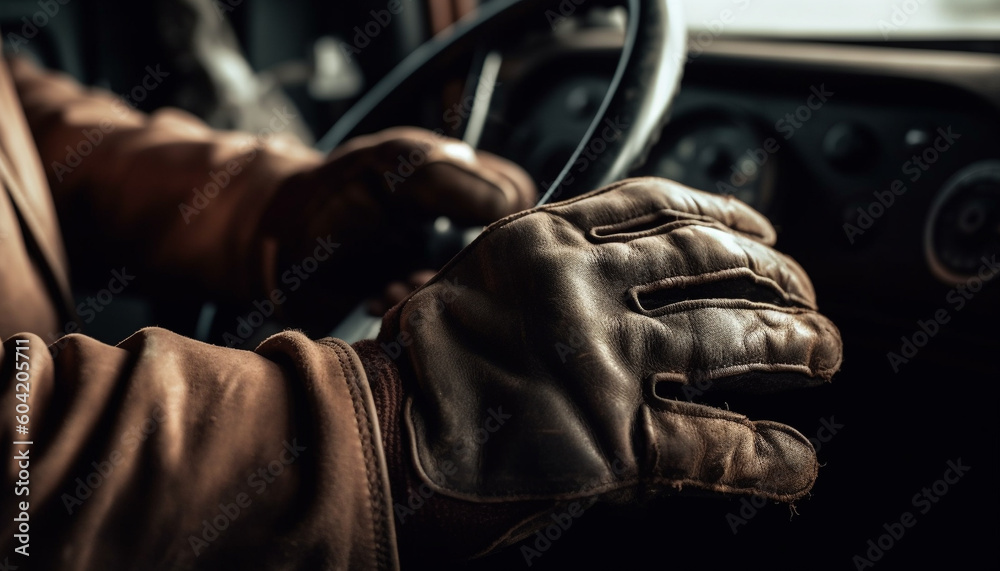 Men driving leather clad car with sport gloves generated by AI