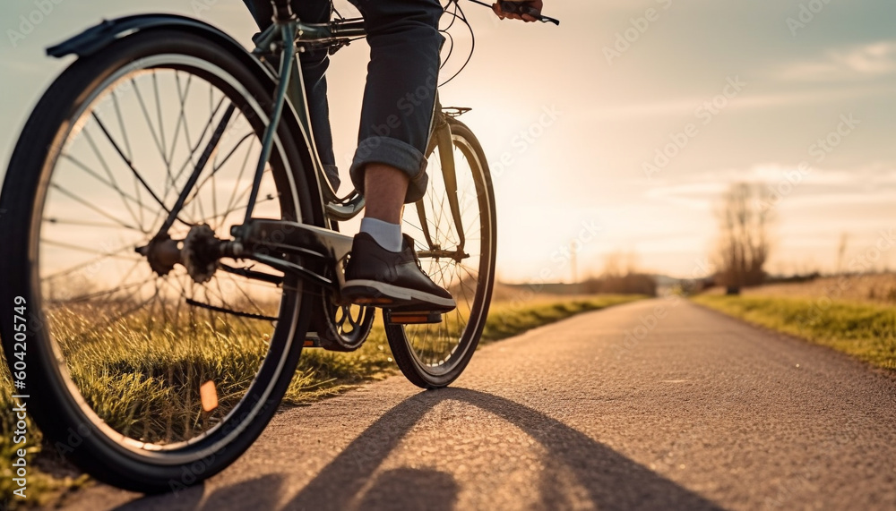 Fototapeta premium Healthy men cycling in nature at sunset generated by AI
