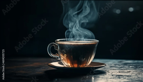 Steam rises from fresh, scented coffee cup generated by AI