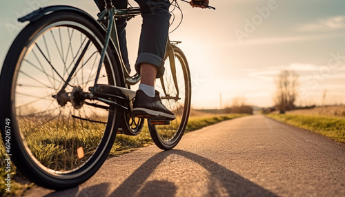 Healthy men cycling in nature at sunset generated by AI