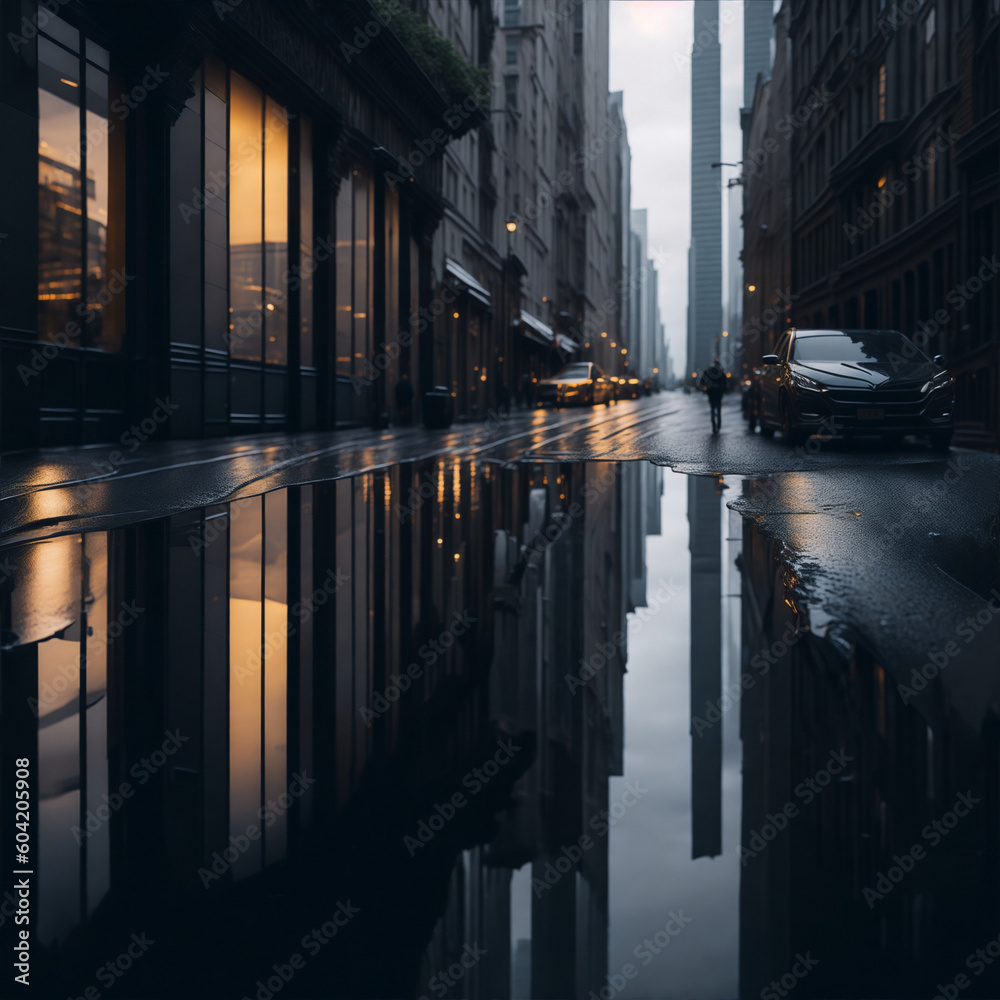 An image of a city on a rainy day with reflections,Generative IA

