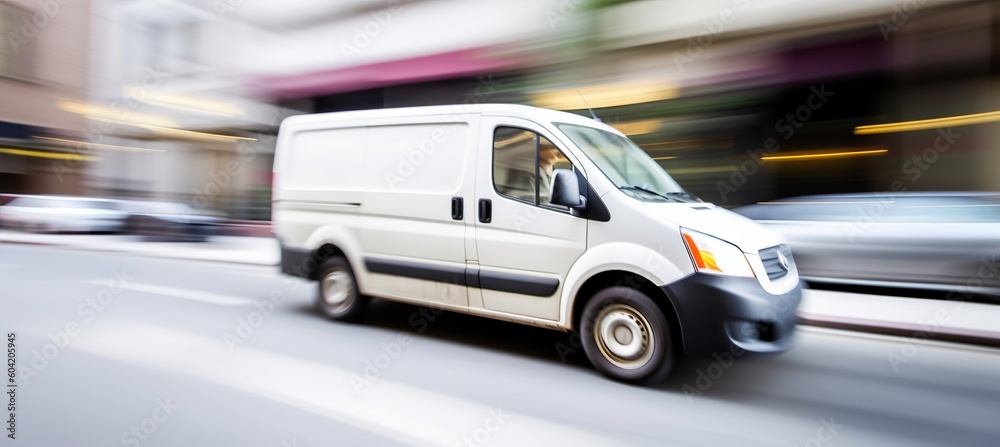 Delivery white van truck. Cargo courier transport service concept. Motion blur road background. Generative AI technology.