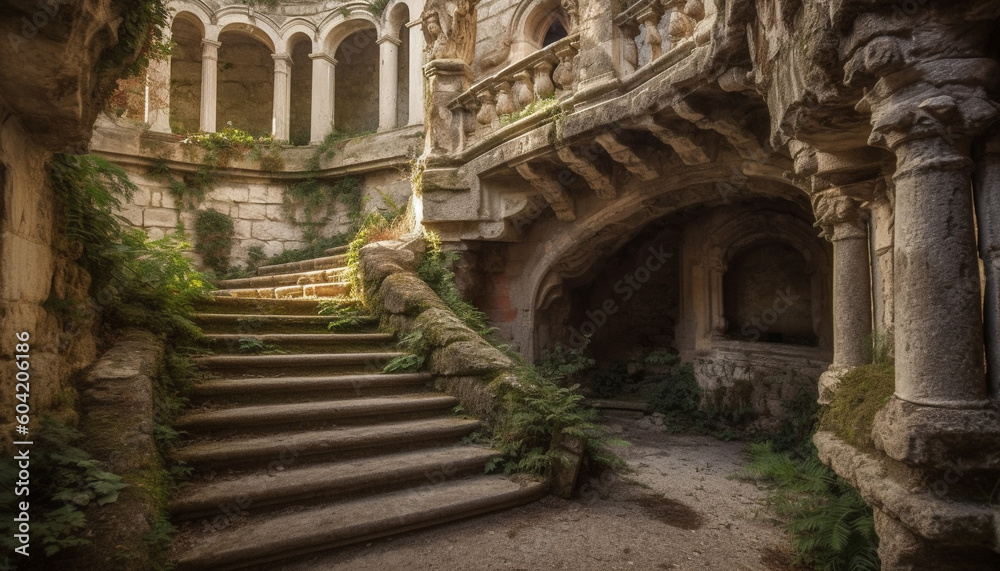 Ancient abbey staircase leads to ruined entrance generated by AI