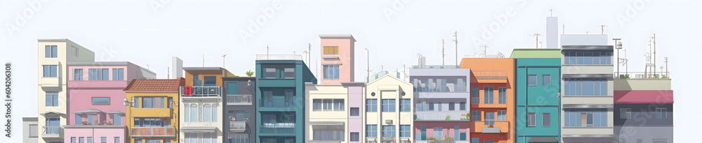 白い背景に彩り豊かな建物が並ぶ No.011 | Colorful Buildings on a White Background Generative AI