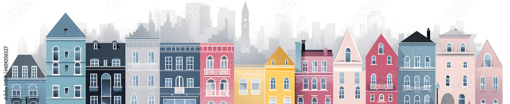 白い背景に彩り豊かな建物が並ぶ No.008 | Colorful Buildings on a White Background Generative AI