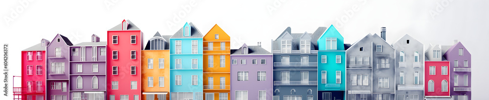 白い背景に彩り豊かな建物が並ぶ No.004 | Colorful Buildings on a White Background Generative AI