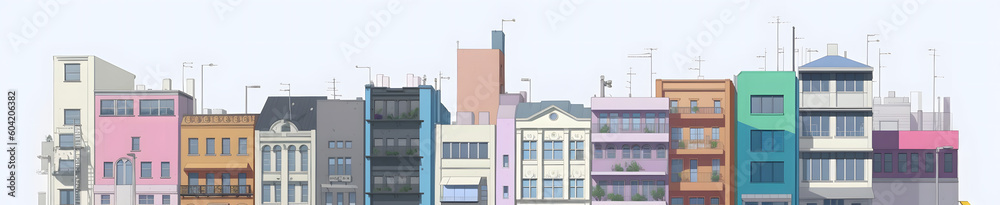 白い背景に彩り豊かな建物が並ぶ No.001 | Colorful Buildings on a White Background Generative AI