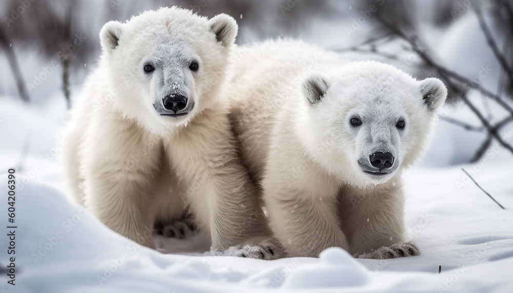 Fluffy bear cub playing in snowy forest generated by AI Fluffy bear cub playing in snowy forest generated by AI