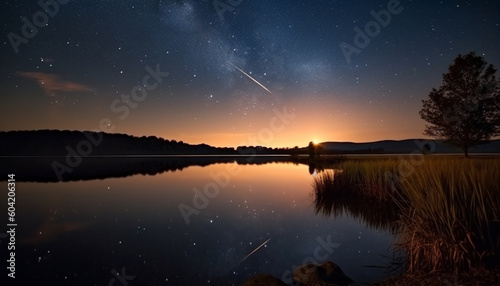 Tranquil scene illuminated by star trail reflection generated by AI