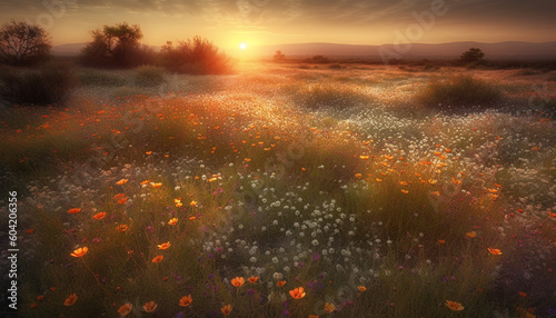 Vibrant wildflowers blossom in tranquil meadow landscape generated by AI © Stockgiu