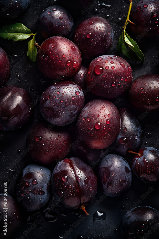 Fresh Plums with Droplets of Water and Leafs, Top-View Close-Up Background Fresh Plums with Droplets of Water and Leafs, Top-View Close-Up Background