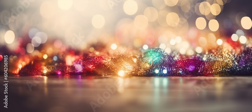 Colorful christmas decoration and glitter light sparkle blur bokeh background. Generative AI technology.