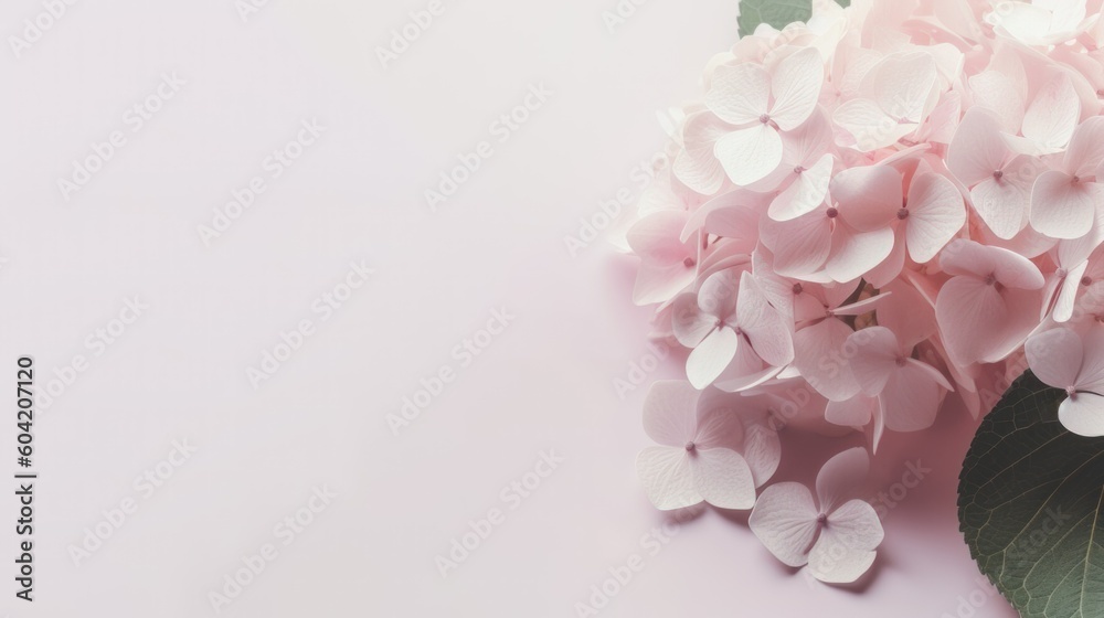 Delicate pink hydrangea with green leaves on a pale pink background with copy space. AI Generated. Delicate pink hydrangea with green leaves on a pale pink background with copy space. AI Generated.