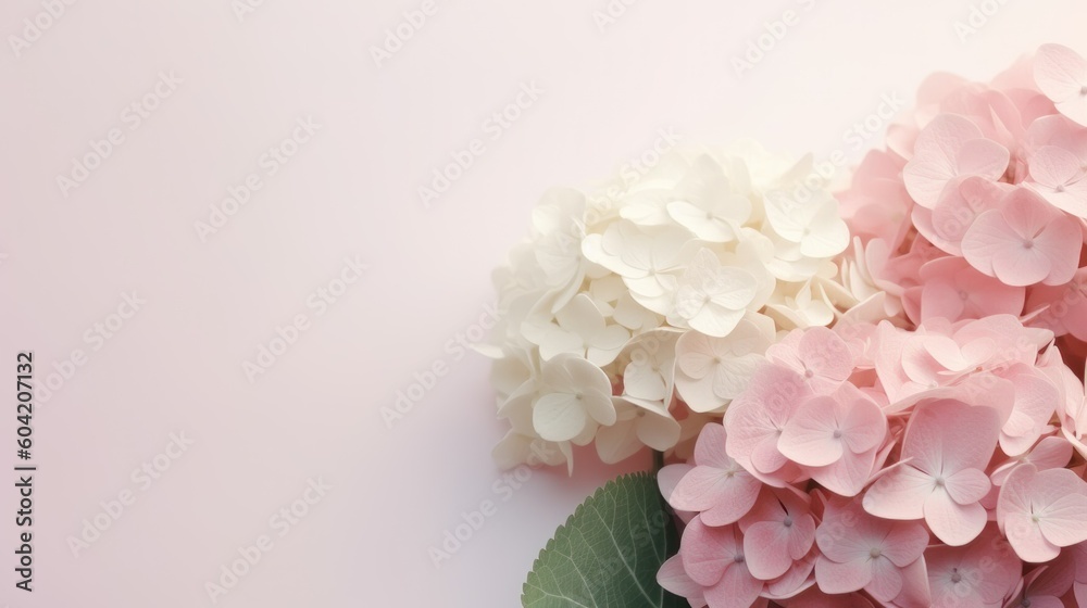 Bunch of pink and white hydrangeas on light pink background with copy space. AI Generated.