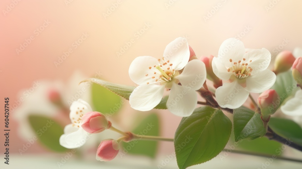 Japanese plum blossoms and budding branches against a coral pink blurred background. AI Generated.