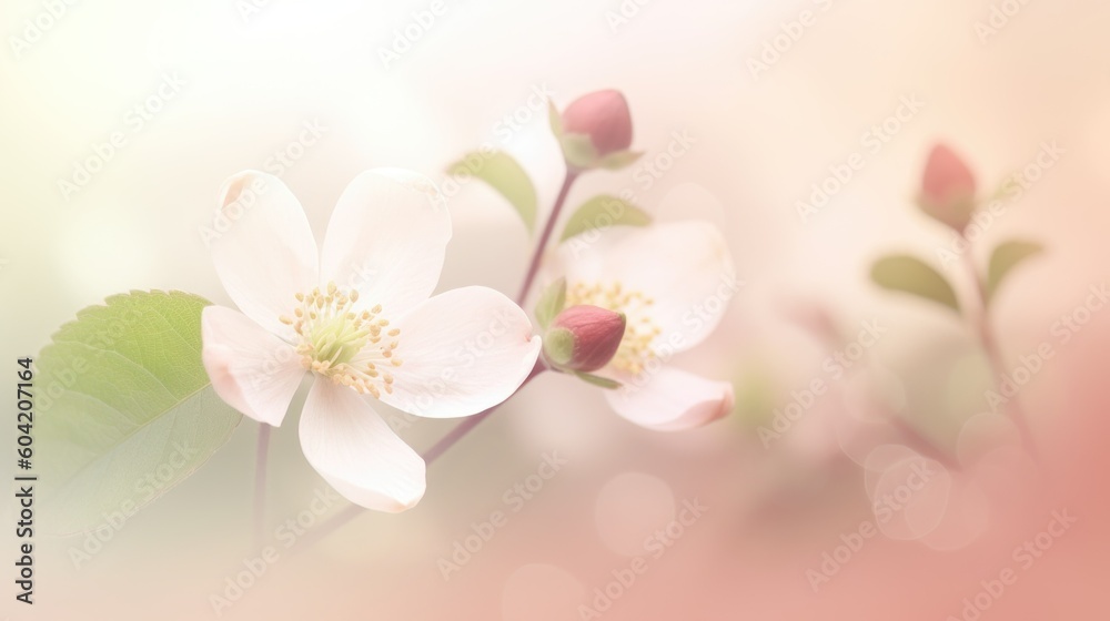 Delicate light pink Japanese plum blossoms against a coral pink blurred background. AI Generated.