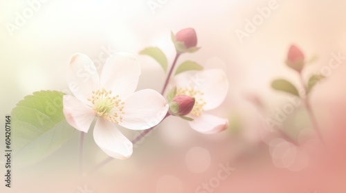 Delicate light pink Japanese plum blossoms against a coral pink blurred background. AI Generated.