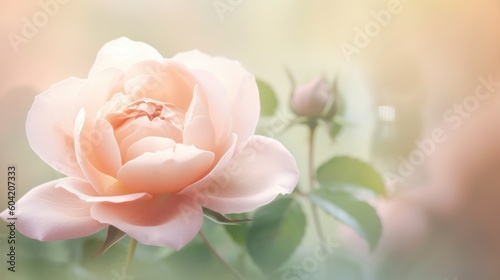 Fototapeta Naklejka Na Ścianę i Meble -  Soft pink rose in focus with blurred bud in the background. AI Generated.