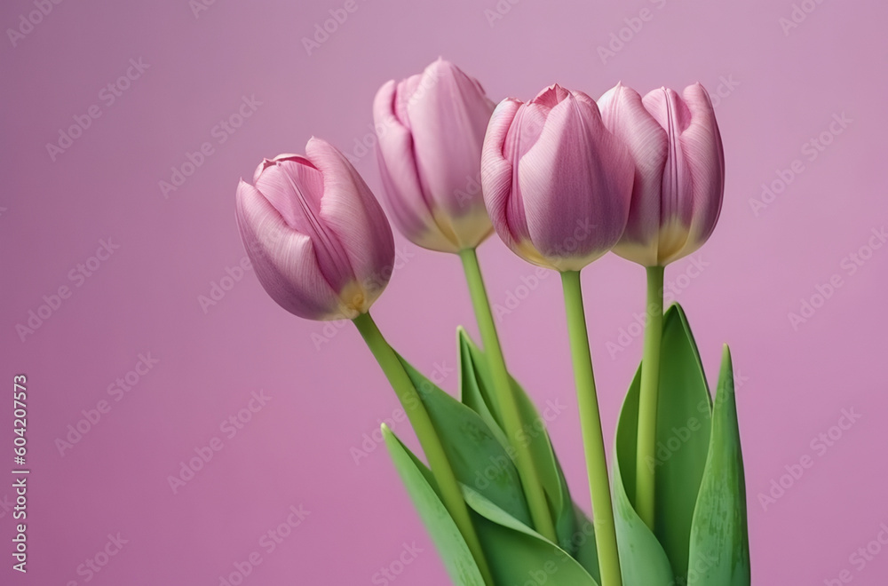Pink Tulips On A Pink Background With Space For Text, Pink Tulips On A Pink Background With Space For Text,