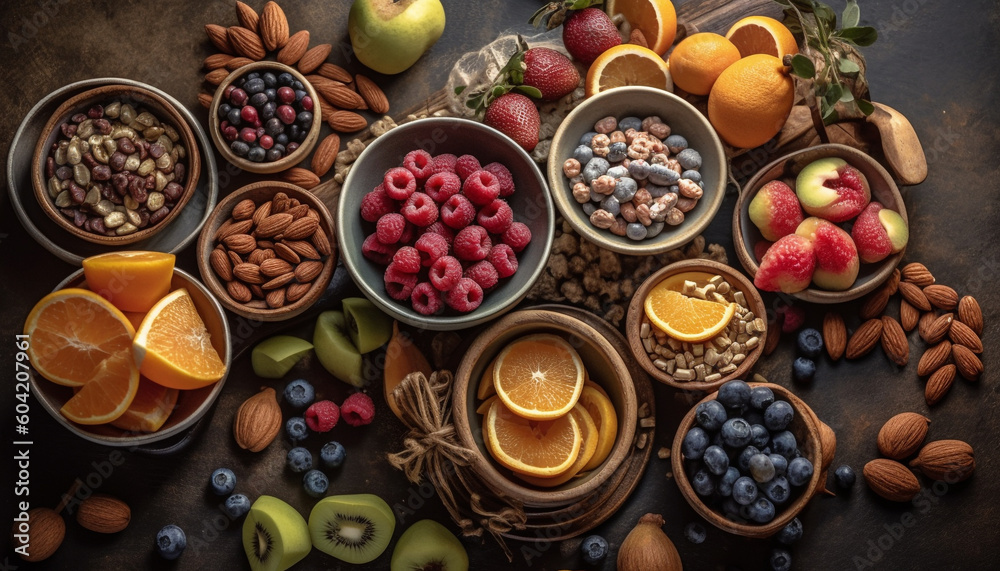 A gourmet collection of healthy snacks fruits, nuts, and granola generated by AI