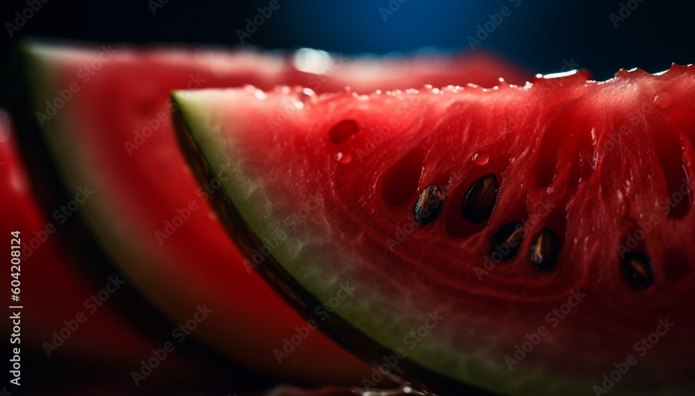 Juicy watermelon slice, a refreshing summer snack for healthy eating generated by AI Juicy watermelon slice, a refreshing summer snack for healthy eating generated by AI