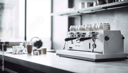 Barista prepares fresh cappuccino on modern coffee maker in coffee shop generated by AI