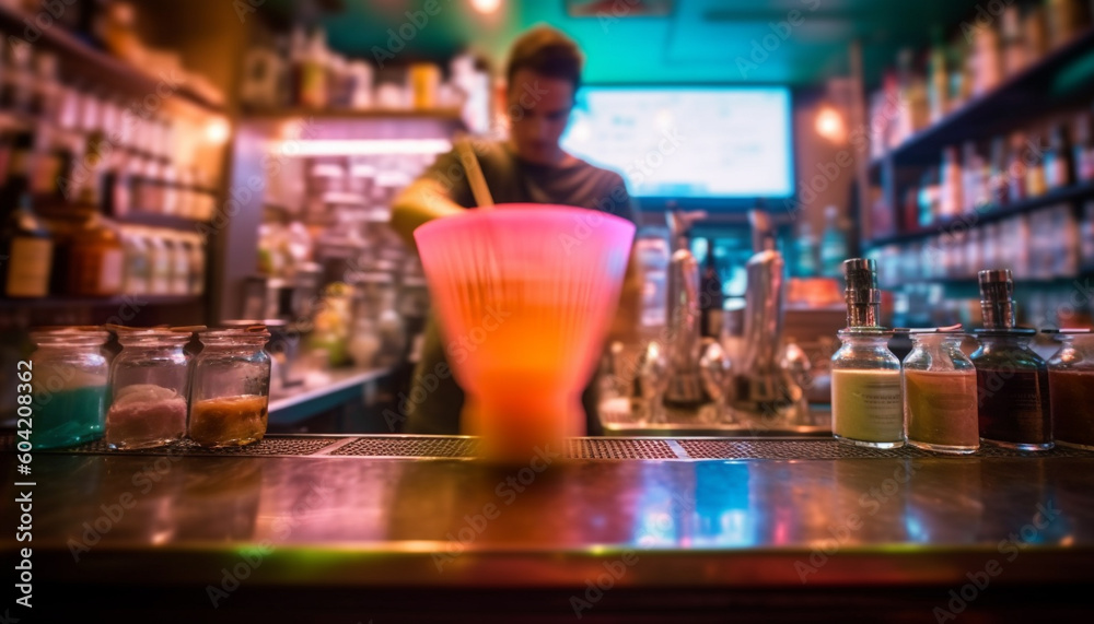 The bartender at the nightclub mixes a refreshing whiskey cocktail generated by AI