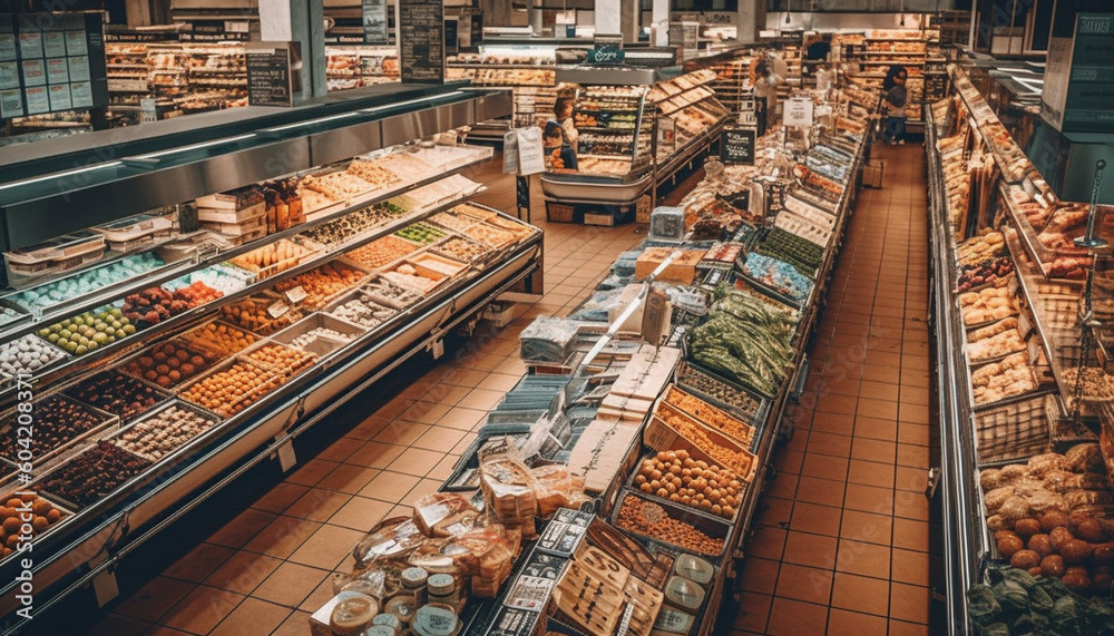 Abundance of fresh food choices in modern supermarket convenience store generated by AI
