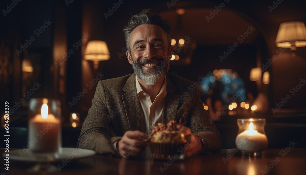 A joyful businessman enjoys dessert by candlelight in luxury home generated by AI A joyful businessman enjoys dessert by candlelight in luxury home generated by AI