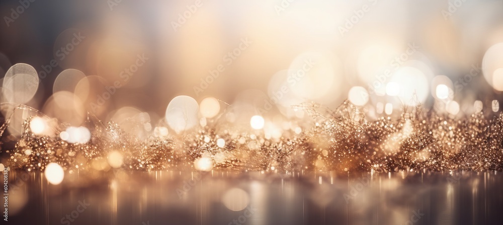 Shiny gold glitter and light sparkle bokeh background. Generative AI technology. Shiny gold glitter and light sparkle bokeh background. Generative AI technology.