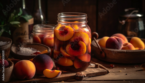 Rustic peach preserves in a jar, perfect for autumn snacking generated by AI photo