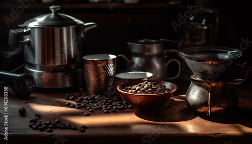 A hot, scented, dark coffee in a rustic mug generated by AI