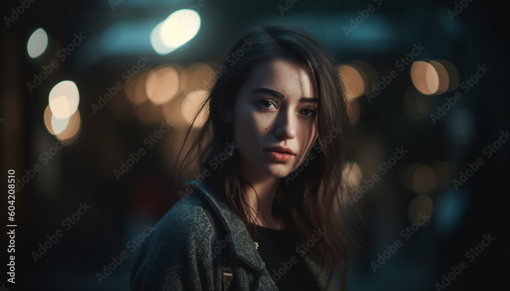 A beautiful young woman, illuminated by street light, exudes confidence generated by AI