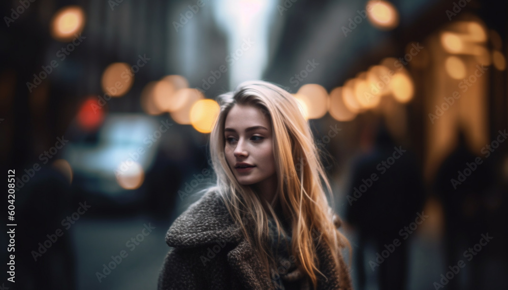 A beautiful young woman, illuminated by street lights, walking alone generated by AI