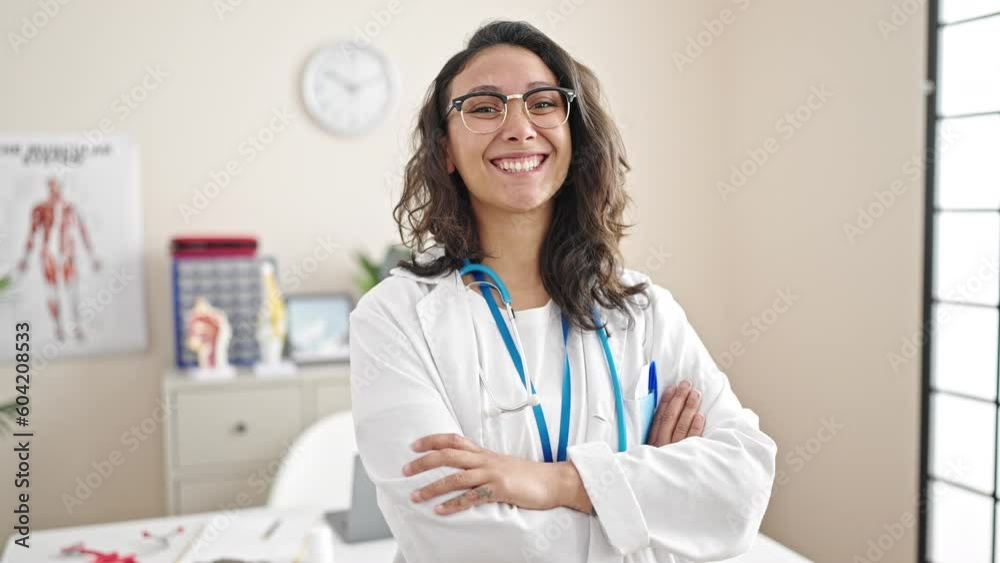 Young beautiful hispanic woman doctor smiling confident standing with arms crossed gesture at clinic Young beautiful hispanic woman doctor smiling confident standing with arms crossed gesture at clinic