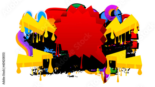 Red Speech Bubble Graffiti with colorful Background. Urban painting style backdrop. Abstract discussion symbol in modern dirty street art decoration.