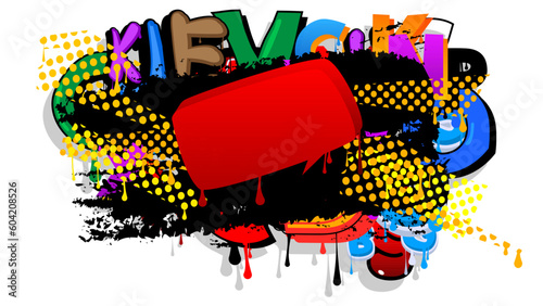 Red Speech Bubble Graffiti with colorful Background. Urban painting style backdrop. Abstract discussion symbol in modern dirty street art decoration.
