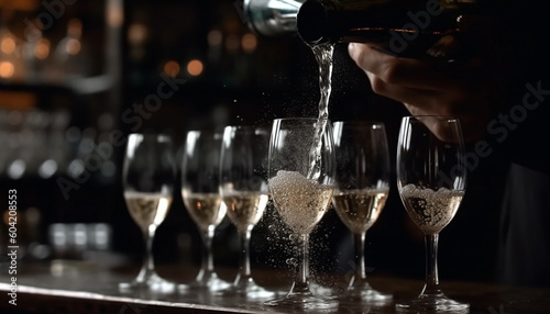 Hand pours bubbly into flute, celebrating luxury at bar event generated by AI