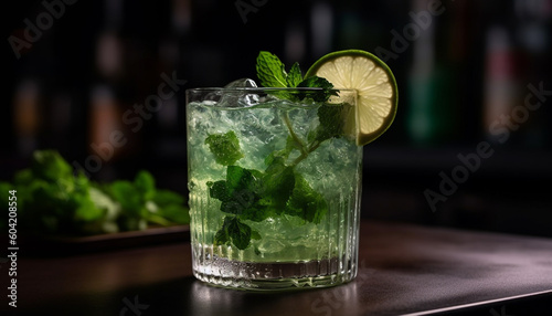 A refreshing mojito cocktail with lime, mint, and ice generated by AI