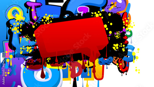 Red Speech Bubble Graffiti with colorful Background. Urban painting style backdrop. Abstract discussion symbol in modern dirty street art decoration.