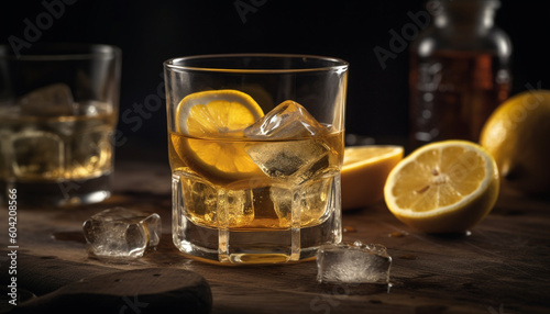 A refreshing whiskey cocktail with citrus fruit and ice cubes generated by AI