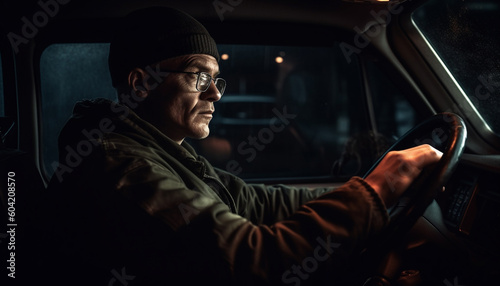 One man driving car at night, looking through eyeglasses generated by AI