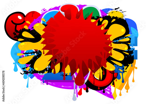 Red Speech Bubble Graffiti with colorful Background. Urban painting style backdrop. Abstract discussion symbol in modern dirty street art decoration.