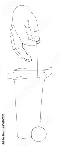 One continuous line of hand with Garbage Bin. Thin Line Illustration vector concept. Contour Drawing Creative ideas.